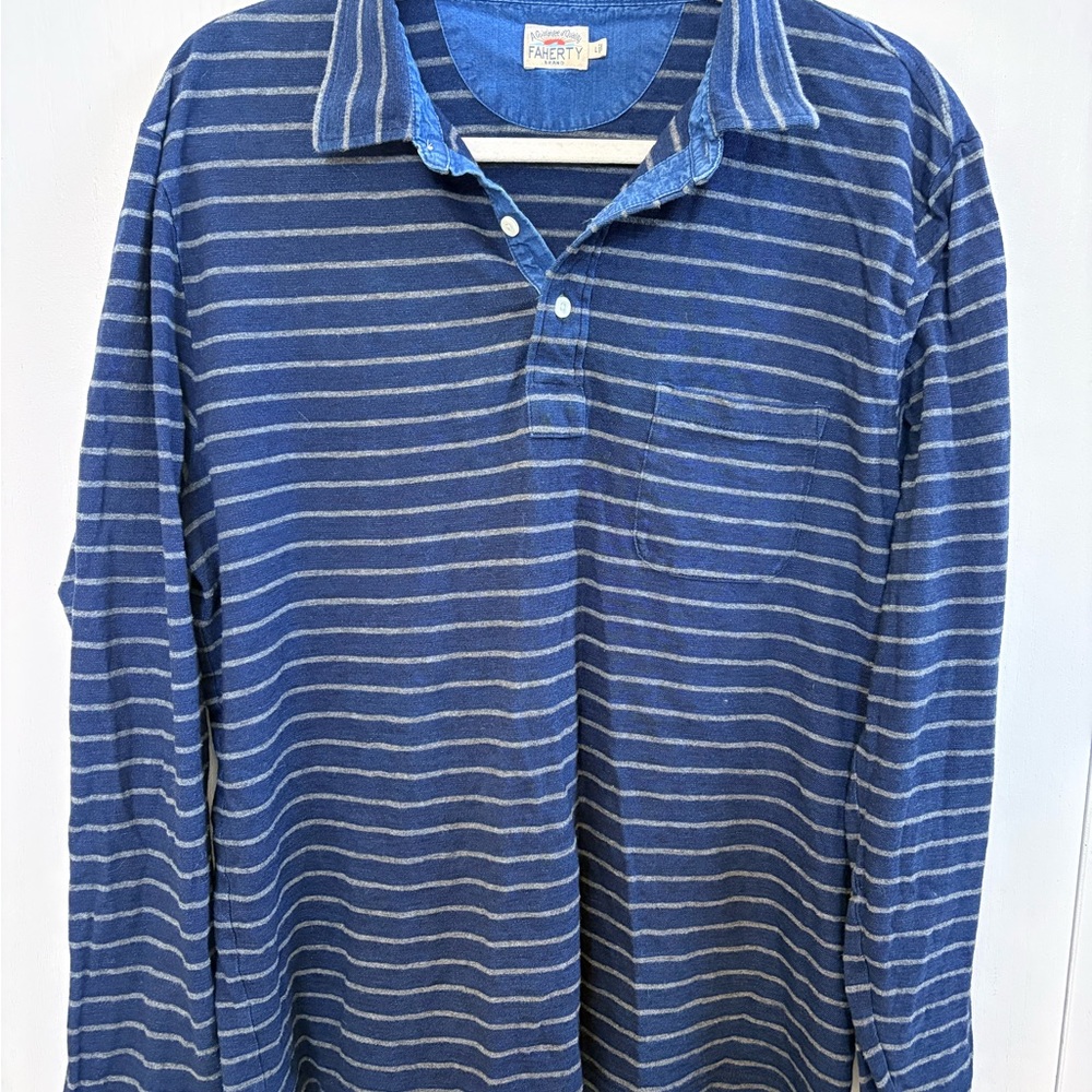 Men’s Large Faherty Navy and Gray Striped 100% Cotton Shirt